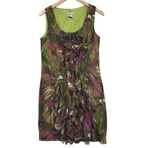 Robbie Bee‎ Women Green Purple Floral Ruffle Sleeveless Lined Dress Size 10 Y2K